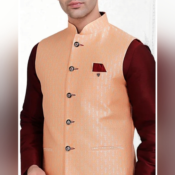 New Art Silk Red Kurta Set with Jacquard Nehru Jacket in Peach - Picture 2 of 2
